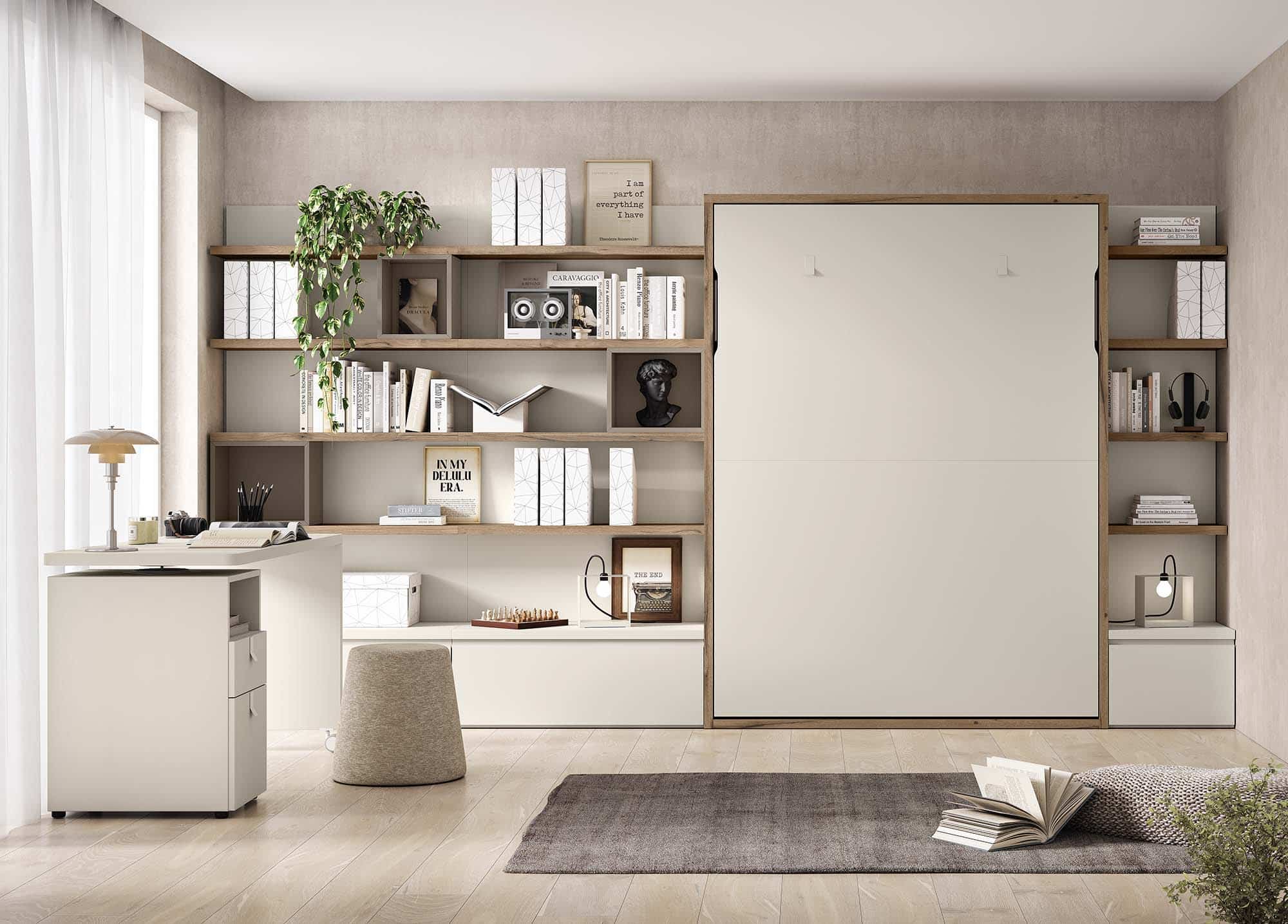 cama abatible vertical con estanterias
