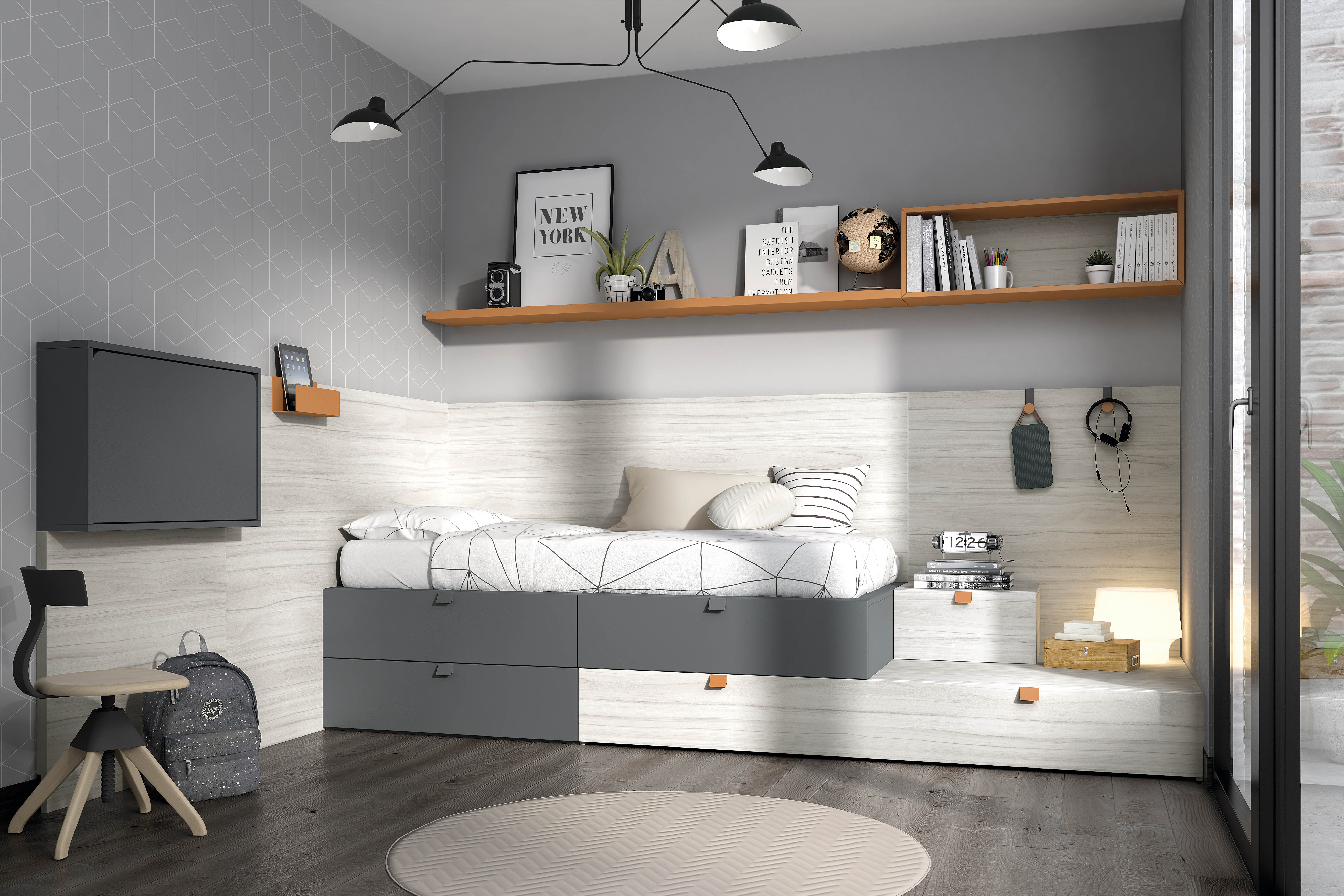 Dormitorio recto juvenil lacado en color blanco. El Tavolino