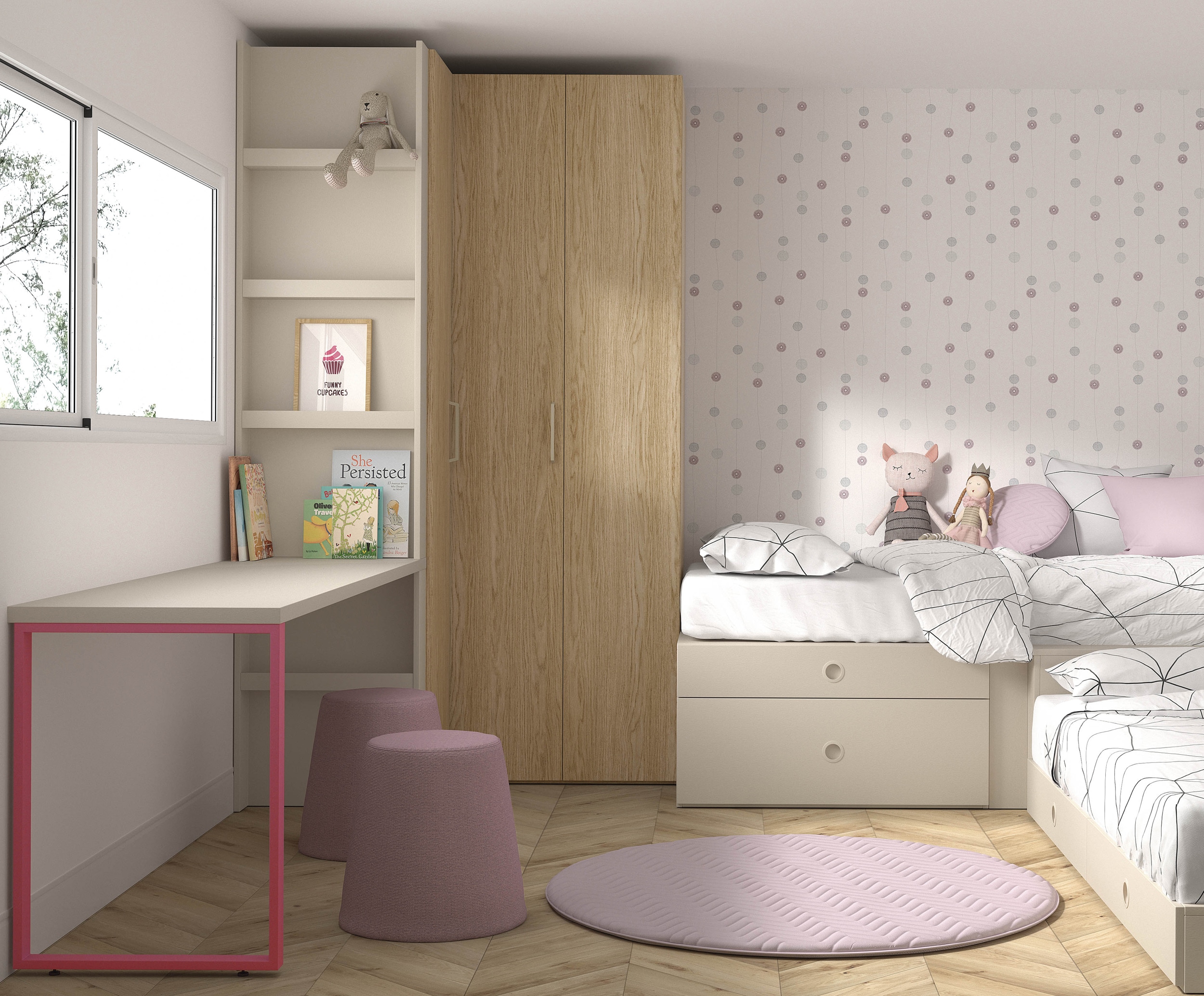 Habitación infantil con cama nido con cajones, armario de rincón, armario  terminal, y escritorio con cajones