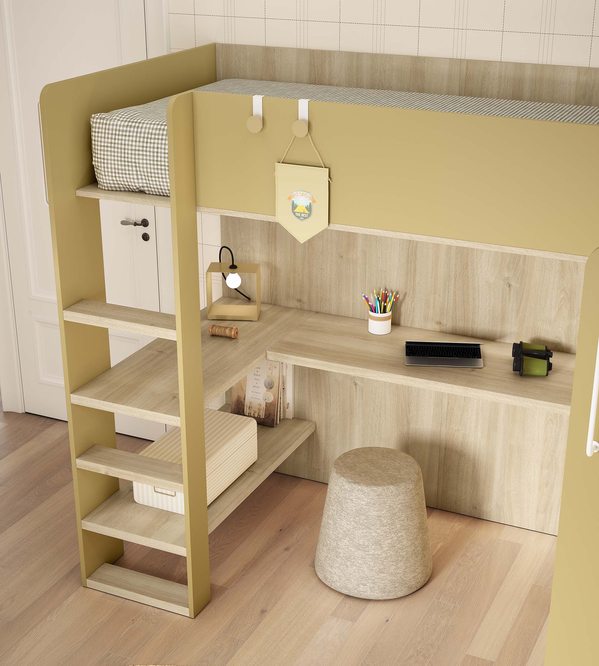 cama alta con escritorio incrustado